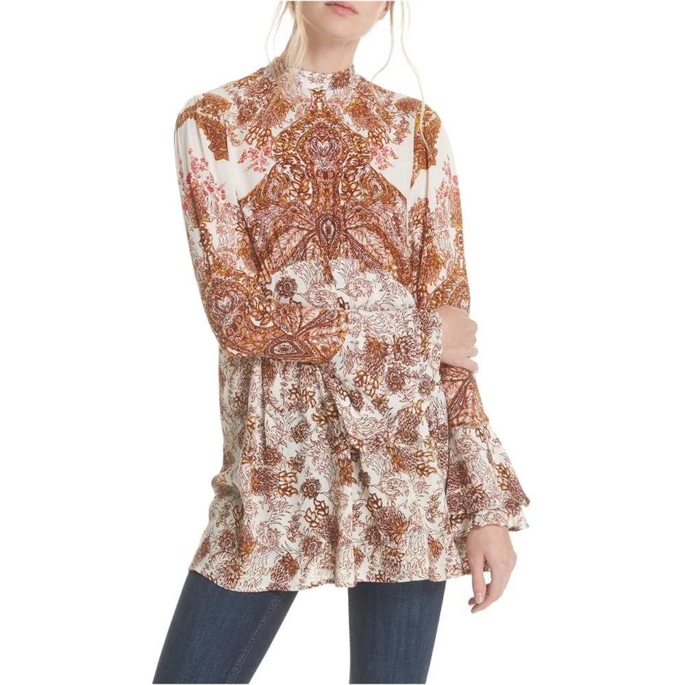 Free People Lady Luck Tie Open Back Top Small | Boho Long Sleeve paisley blouse